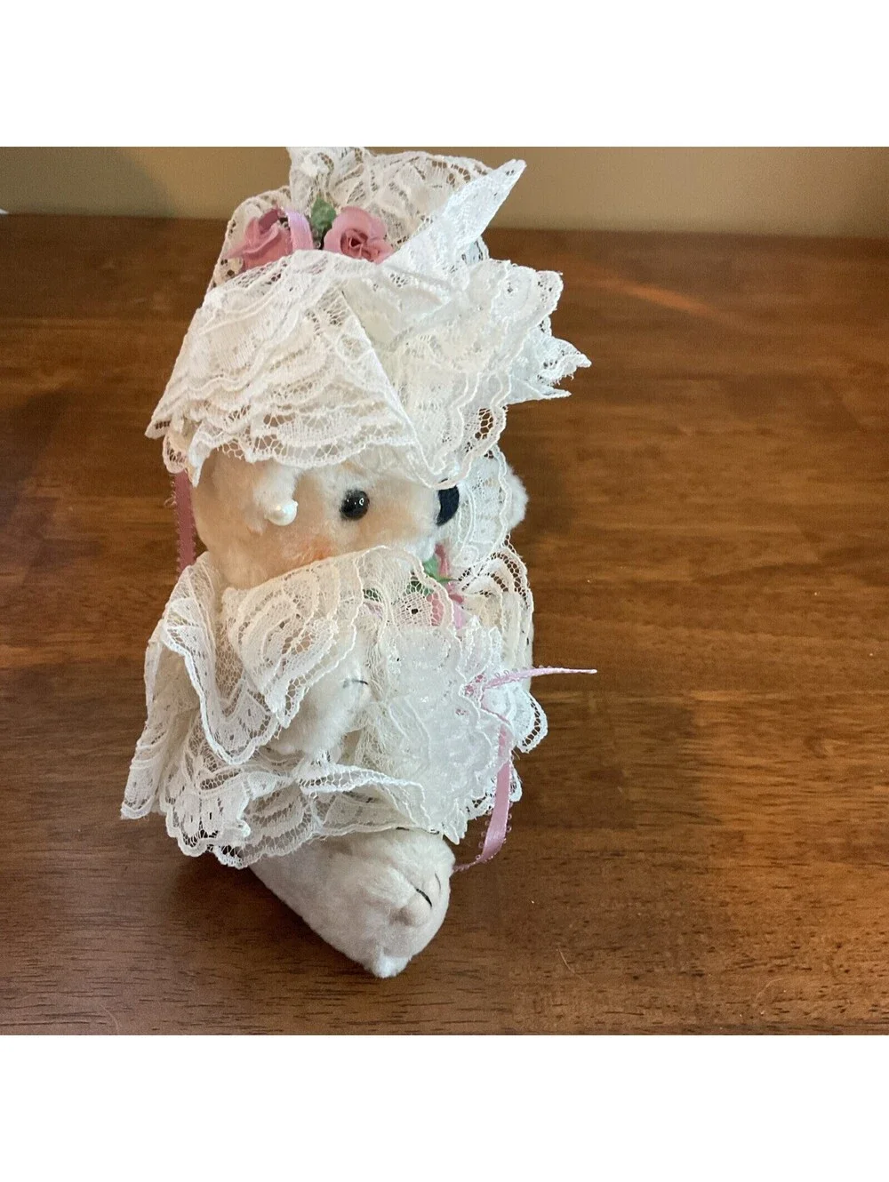 Vintage White Plush Toy Teddy Bear Beige Lace Dress Stuffed Animal 9 Tall